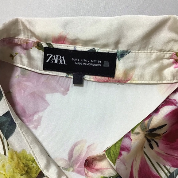 Zara Satin Floral Button Down Long Sleeve Blouse - Pink and Green - Picture 9 of 12